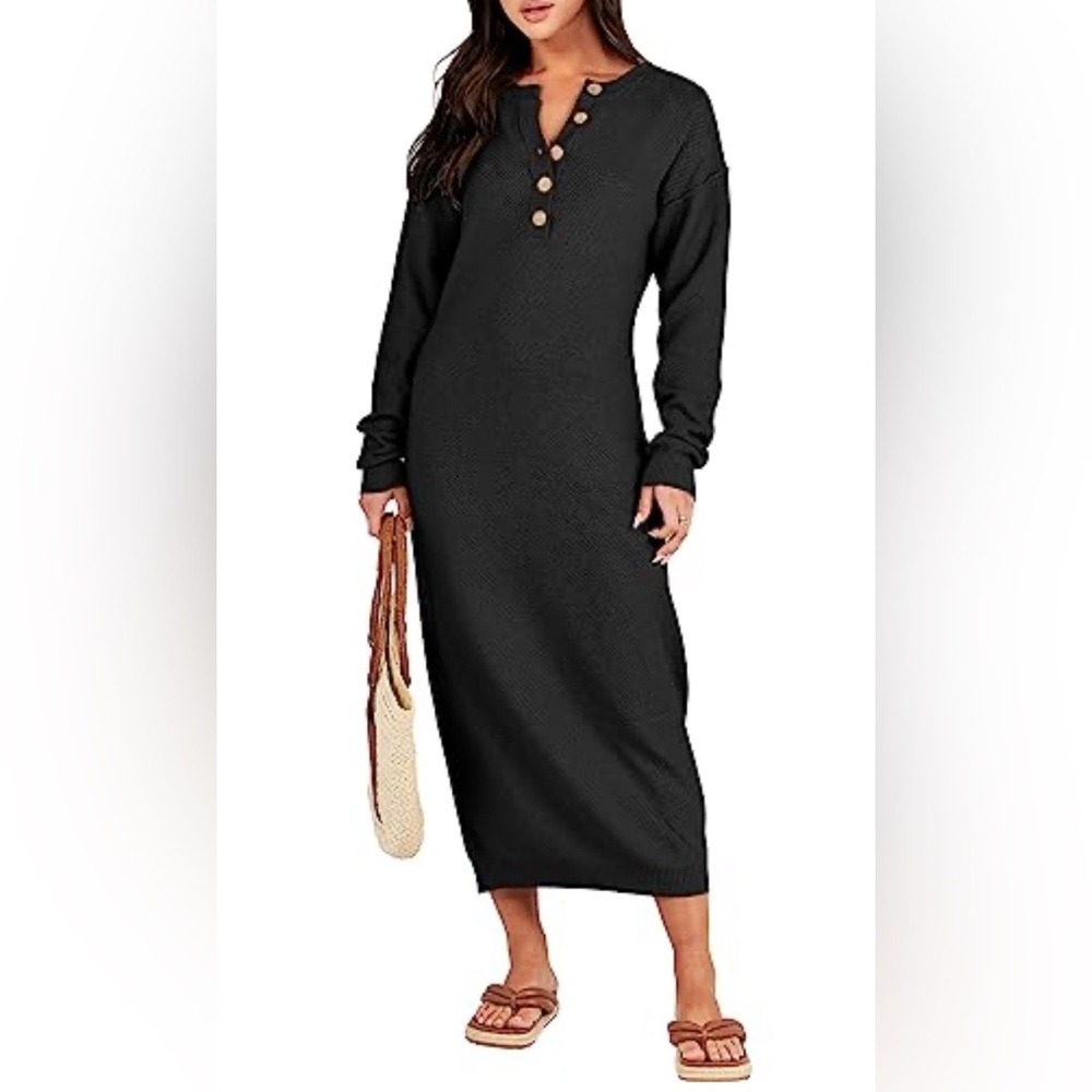 ANRABESS Black Long Sleeve Knit Maxi Sweater Dress Size L Large (US 12-14)